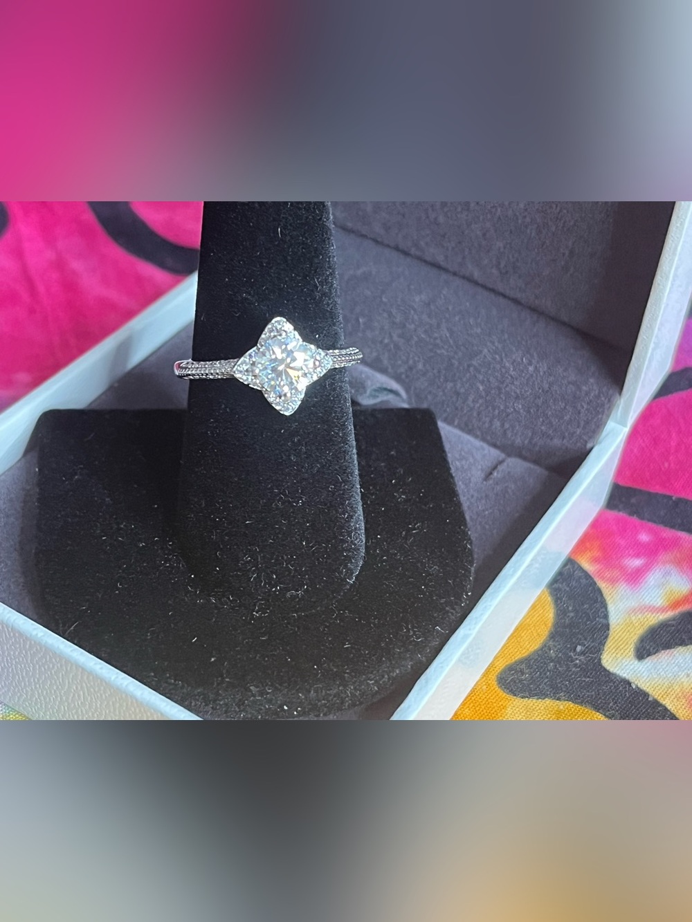 Rhodium Plated 1 CTW Oval Moissanite Four-Leaf Clover Ring Size 9 NWT